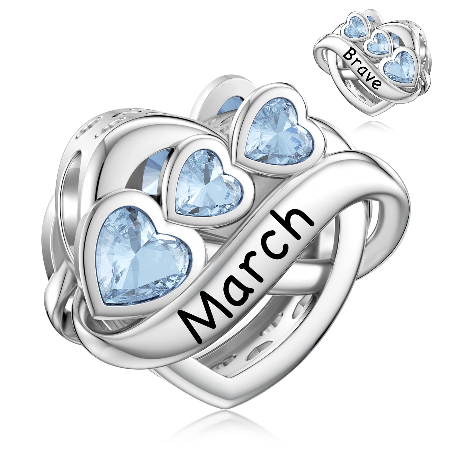 JIAYIQI March Birthstone Charm for Pandora Charms Bracelet, Sterling Silver Bead Endless Love Charms Engraved Brave, Heart Birthday Charms for Women