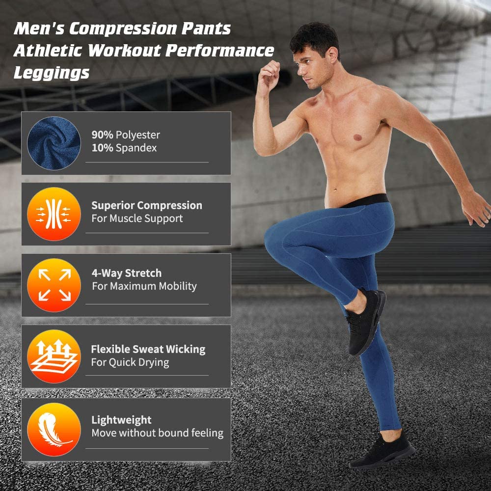 EARGFM Men's Compression Pants Athletic Leggings Workout Running Tights Dry Base Layer with Pockets Active Cycling Pants Blue