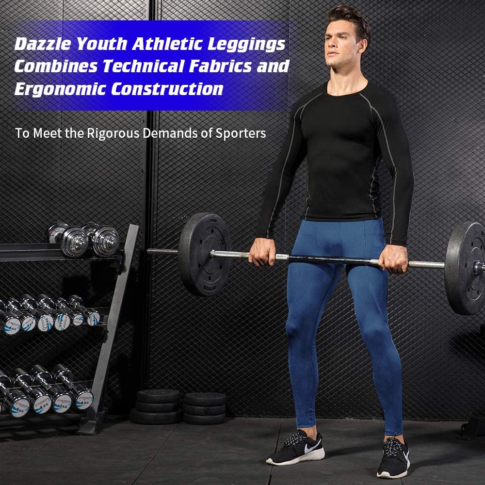 EARGFM Men's Compression Pants Athletic Leggings Workout Running Tights Dry Base Layer with Pockets Active Cycling Pants Blue