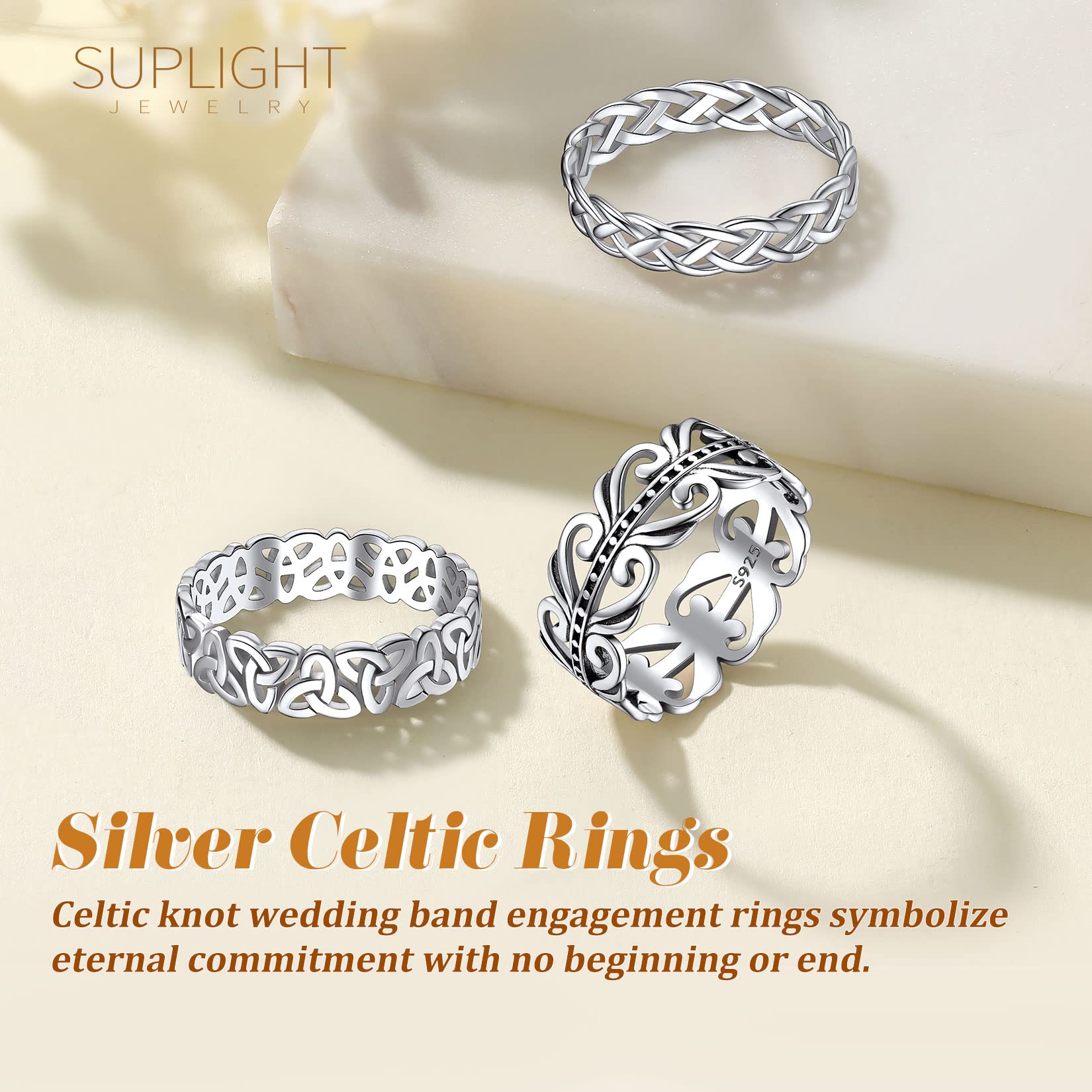 Suplight 925 Sterling Silver Trinity Celtic Knot Ring, 5mm Irish Celtic Bands Triquetra Jewelry for Women Size 11