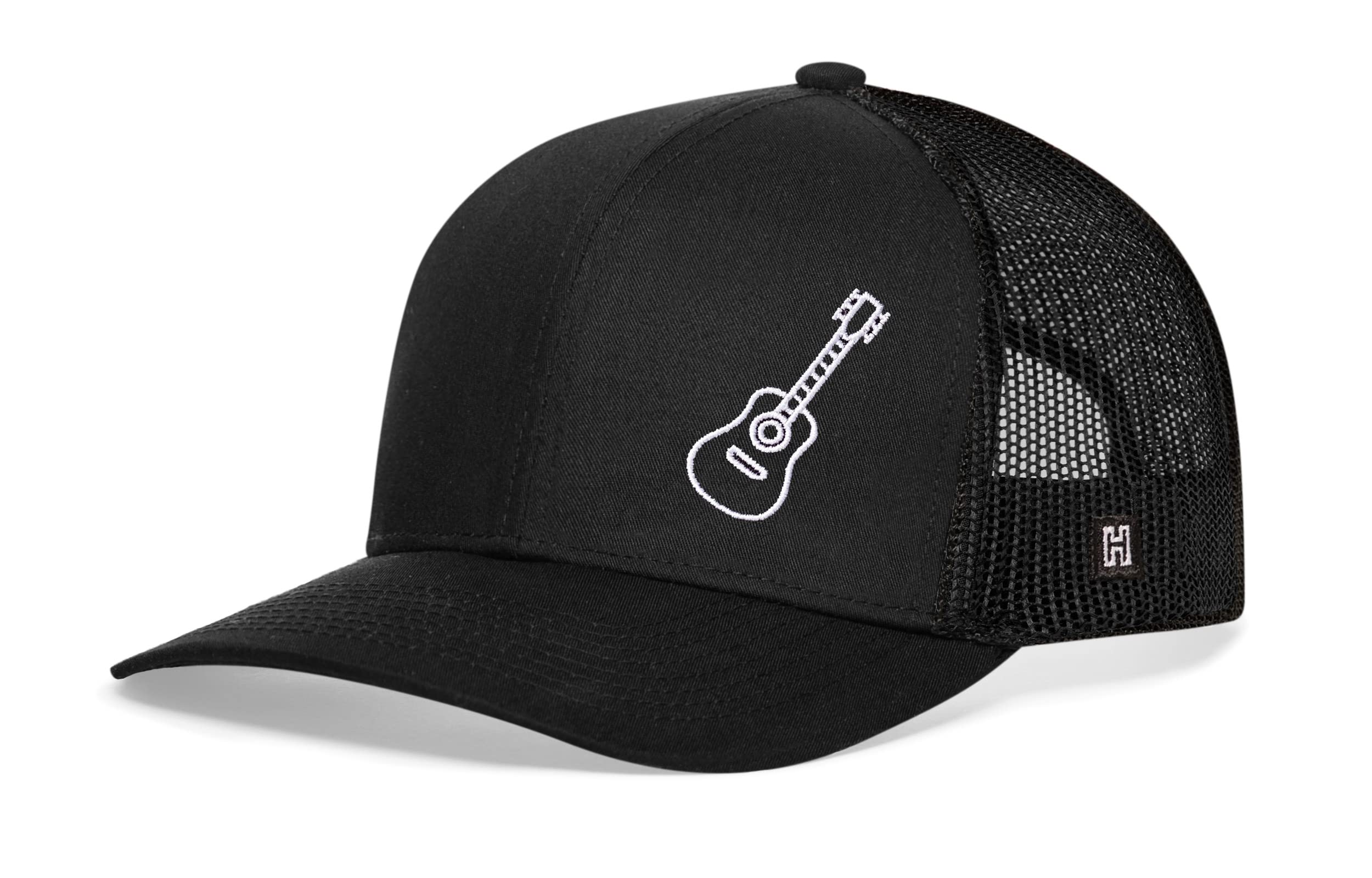 HAKA Acoustic Guitar Embroidered Trucker Hat, Instrument Hat for Men & Women, Adjustable Baseball Cap, Mesh Snapback, Acoustic Guitar Hat - Black