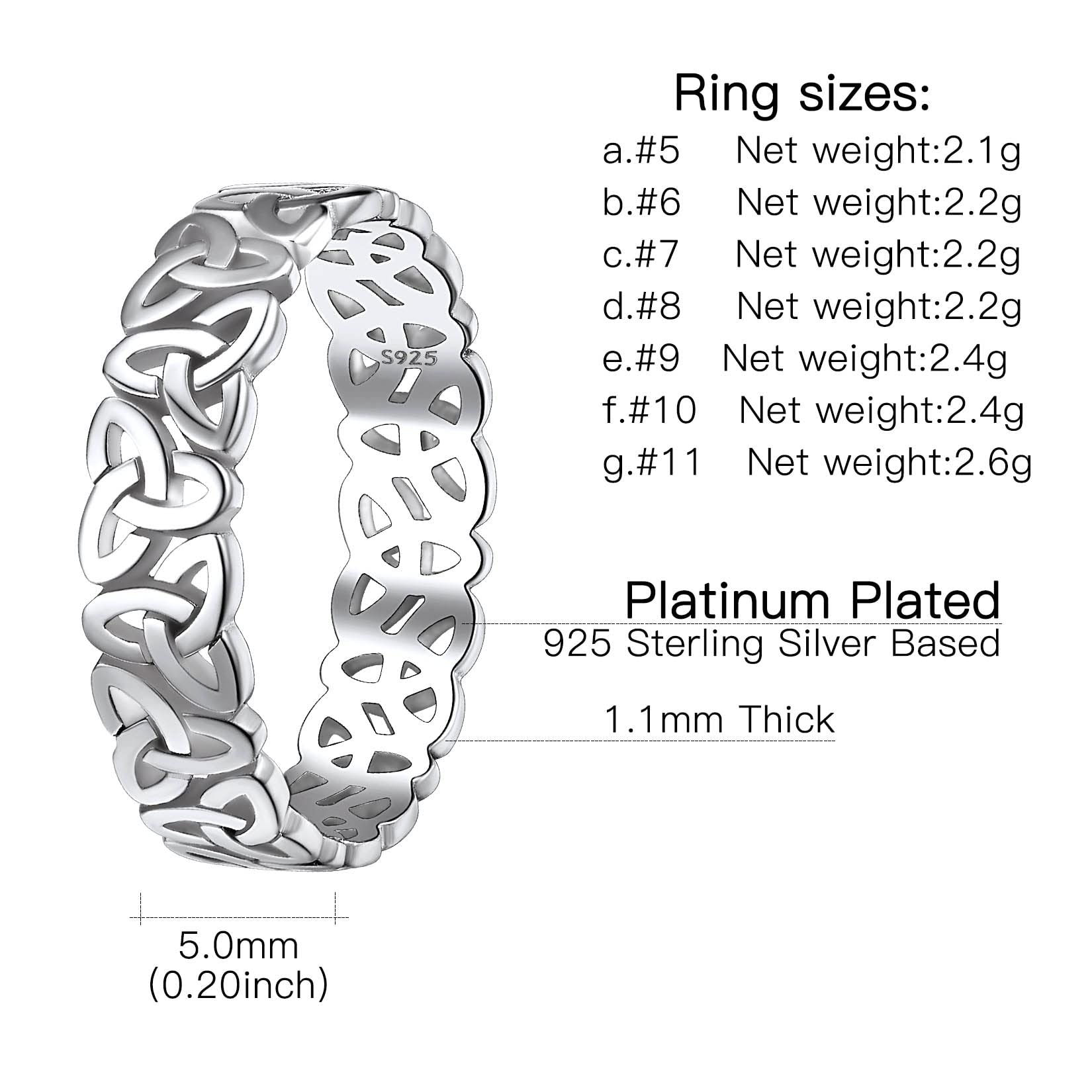 Suplight 925 Sterling Silver Trinity Celtic Knot Ring, 5mm Irish Celtic Bands Triquetra Jewelry for Women Size 11