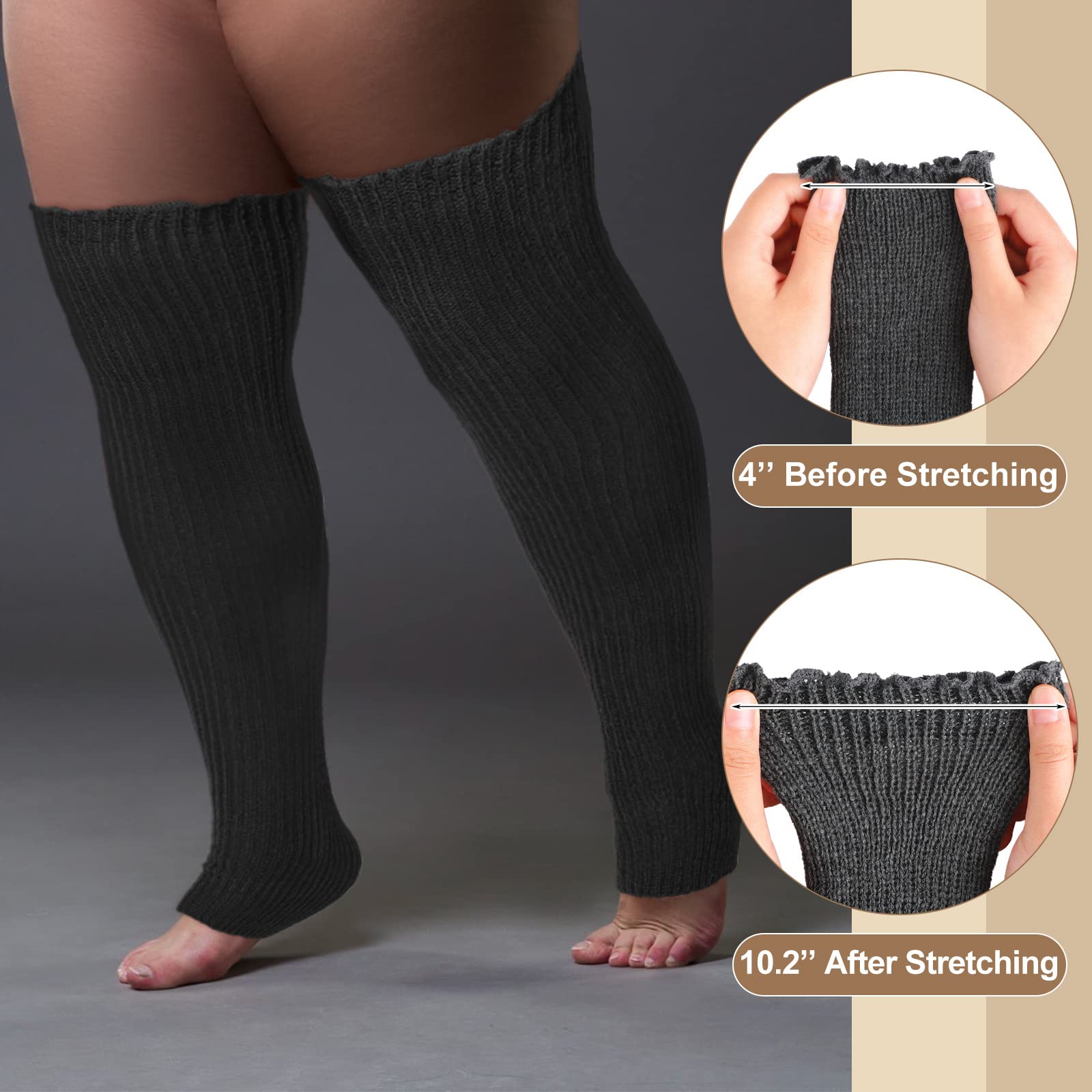 Eurzom 2 Pairs Plus Size Leg Warmers Women over Knee Footless Socks Thigh High Leg Winter Thick Knit Extra Long Leg Warmers(Black, Grey)