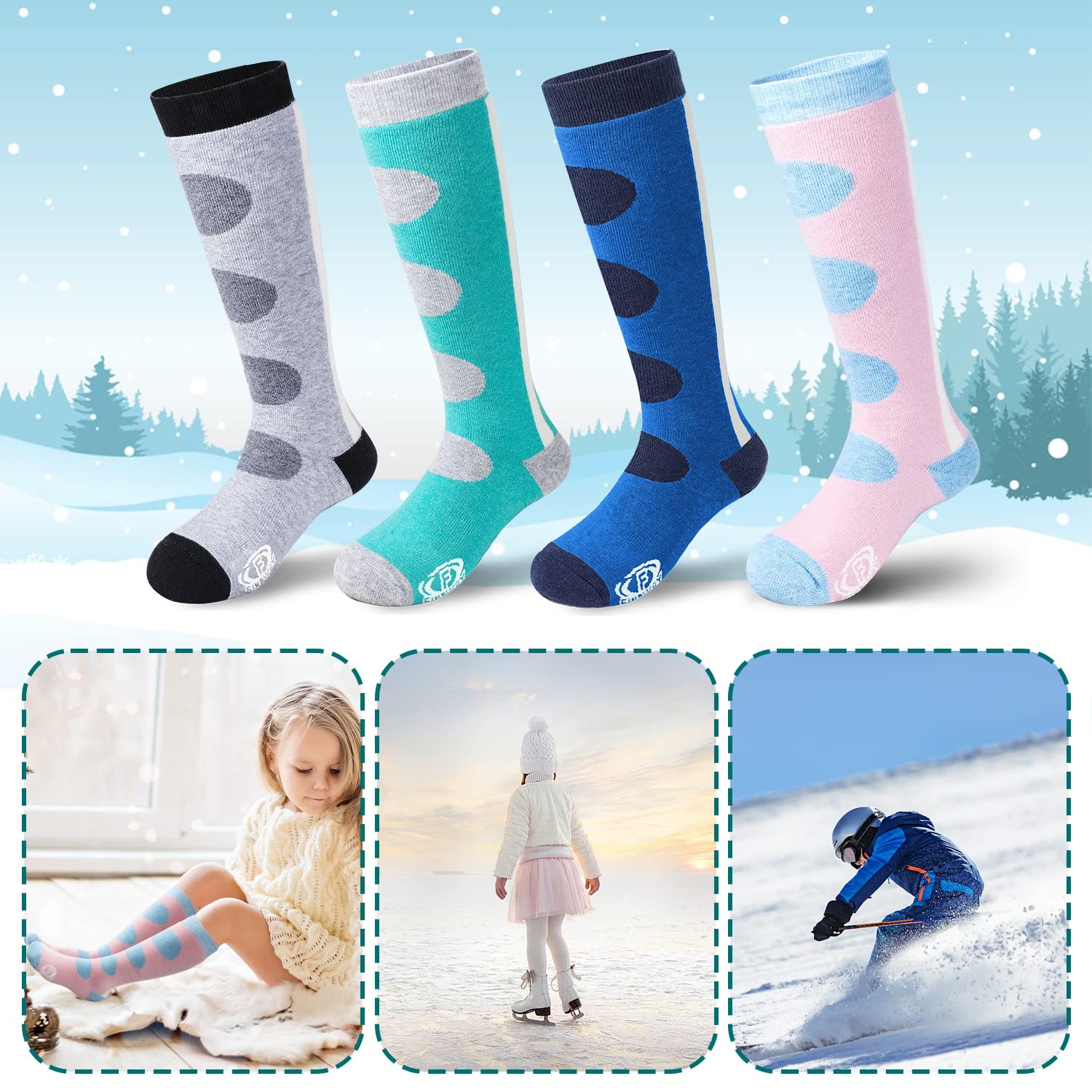 findway Kids Ski Socks, Merino Wool (2/3 Pairs) OTC Snow Socks, Winter Warm Skiing Snowboarding for Toddler Boys and Girls