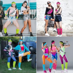 Leg Warmers for Women 80s Costumes Accessories Holographic Fanny Pack Knit Neon Leg Warmers Pink Headband Wristbands for Yoga Running Hiking