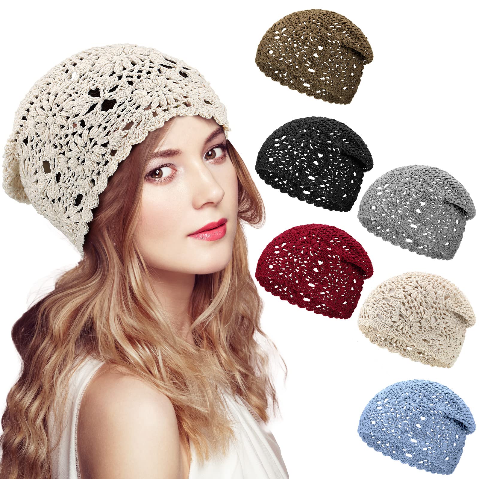 JenPen Pcs Women Cotton Crochet Hat Slouchy Knit Beanie Handmade Soft Knit Hat Fall Winter Breathable Cotton Crochet Hat Floral Skull Cap for Women Girl