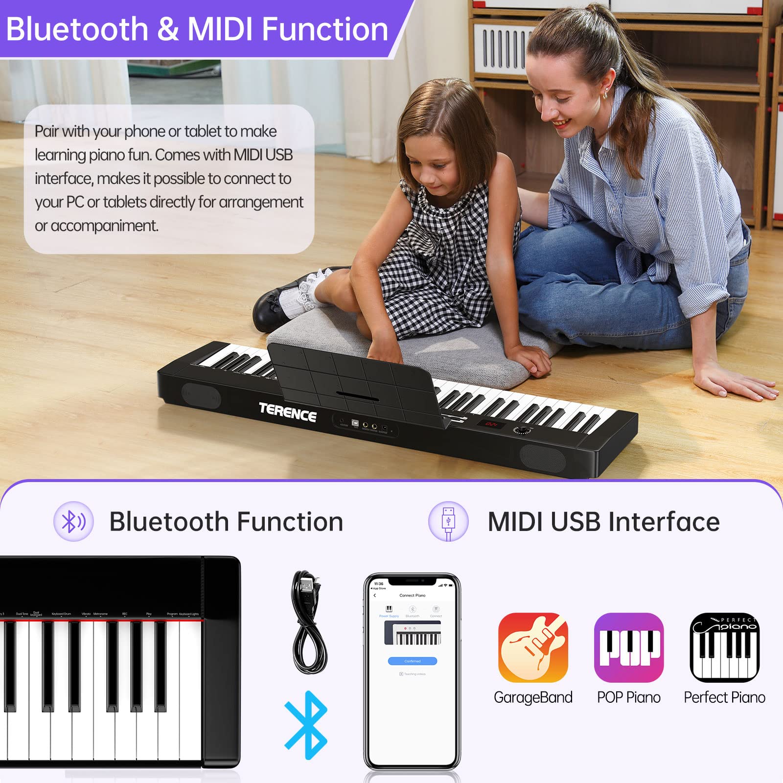 TERENCE Keyboard Piano with 61 Semi-weighted Keys LCD Display & 1800mAh Battery Support MIDI USB Interface & Piano Application with Bluetooth Sheet Music Stand Sticker Bag Audio Cable Earphones