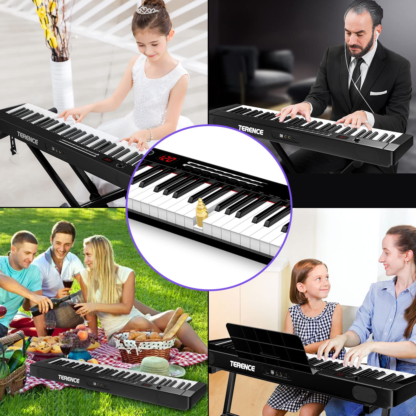 TERENCE Keyboard Piano with 61 Semi-weighted Keys LCD Display & 1800mAh Battery Support MIDI USB Interface & Piano Application with Bluetooth Sheet Music Stand Sticker Bag Audio Cable Earphones