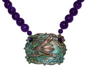 elaine coyne collectible artwear verdigris patina victorian dragonfly on cattail pendant - amethyst