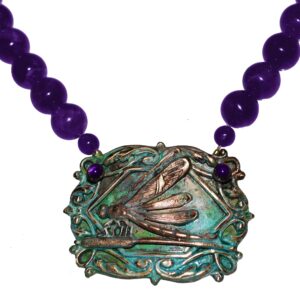 Elaine Coyne Collectible Artwear Verdigris Patina Victorian Dragonfly on Cattail Pendant - Amethyst