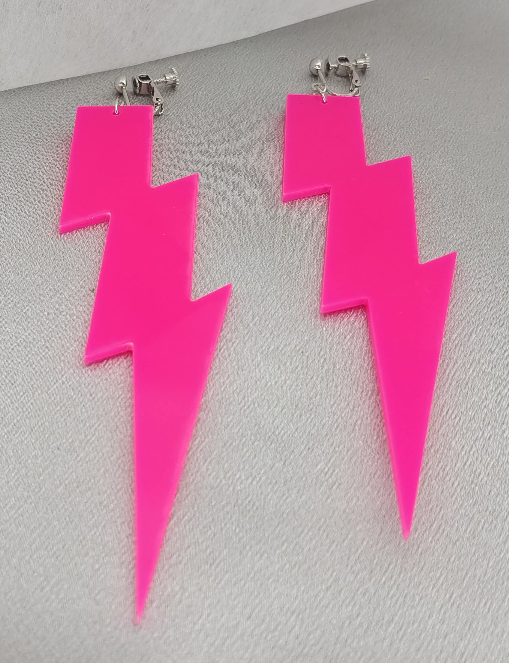 80S Neon Earrings Exaggerate Punk Lightning Bolt Clip on Earrings Halloween 1980s Party Non Pierced Clip Earrings for Women (rose red)