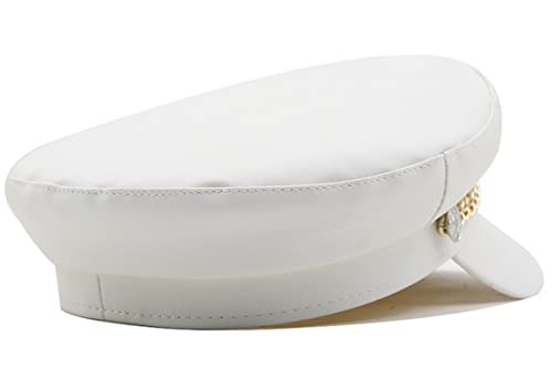 Women Yacht Captain Sailor Hat PU Newsboy Cabbie Baker Boy Peaked Beret Cap White with Chain