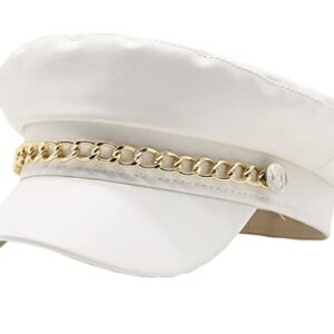 Women Yacht Captain Sailor Hat PU Newsboy Cabbie Baker Boy Peaked Beret Cap White with Chain