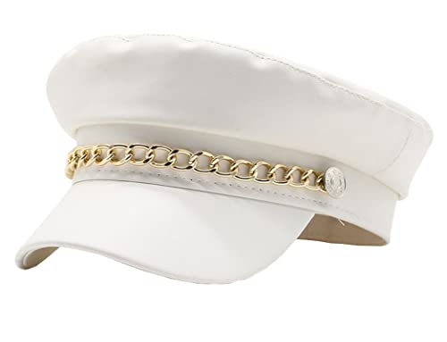 Women Yacht Captain Sailor Hat PU Newsboy Cabbie Baker Boy Peaked Beret Cap White with Chain