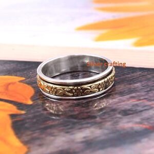 Flower band Spinning Spinner ring Sterling Silver Fashion ring Meditation Fidget Two Tone ring Silver Jewelry (9.5)