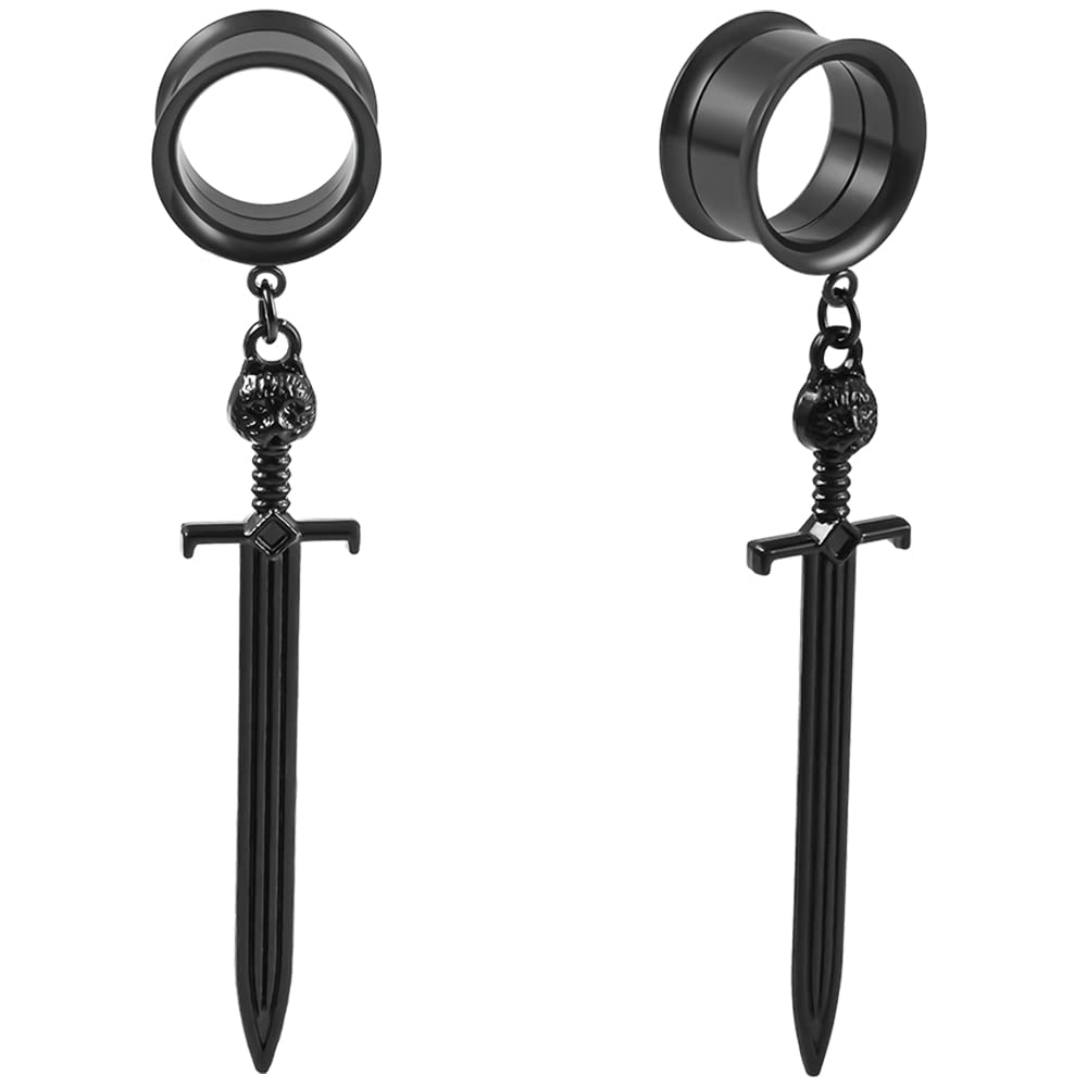 Atomhole 316 Hypoallergenic Stainless Steel Ear Gauges Cool Sword-Pendant Dangle Ear Plugs Tunnels Gauges Ear Stretching A Pair Selling 2g 0g Piercing Body Jewelry (25mm(1"), Black)