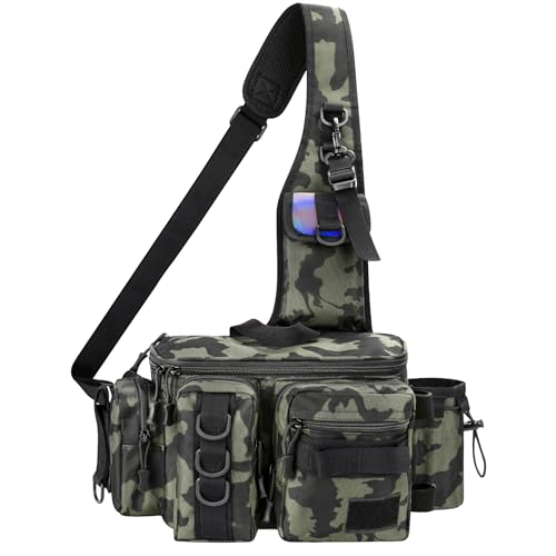 THKFISH Fishing Tackle Bag Fly Fishing Bag Sling Pack Portable Fishing fanny pack Waist Pack with D-Rings and Waist Strap Greencamo