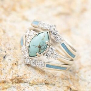 Vintage Turquoise Crystal Rings Set - 3pcs Wedding Ring Set for Women, Gold Tone/Silver Tone, Bohemian Style-gold8