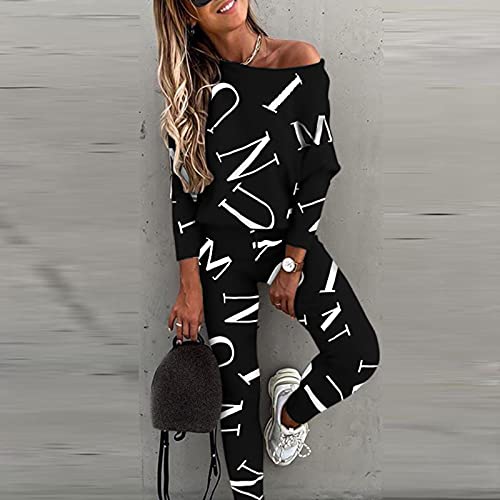 Women's 2 Piece Outfit Casual Off Shoulder Sweatsuit Matching Sweatpants Set Tracksuit Drawstring Jogging Suits Black, X-Large