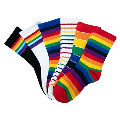 5 Pack Kids Toddler Big Little Girls Cotton Crew Socks Rainbow Stripes Cute Fun Socks