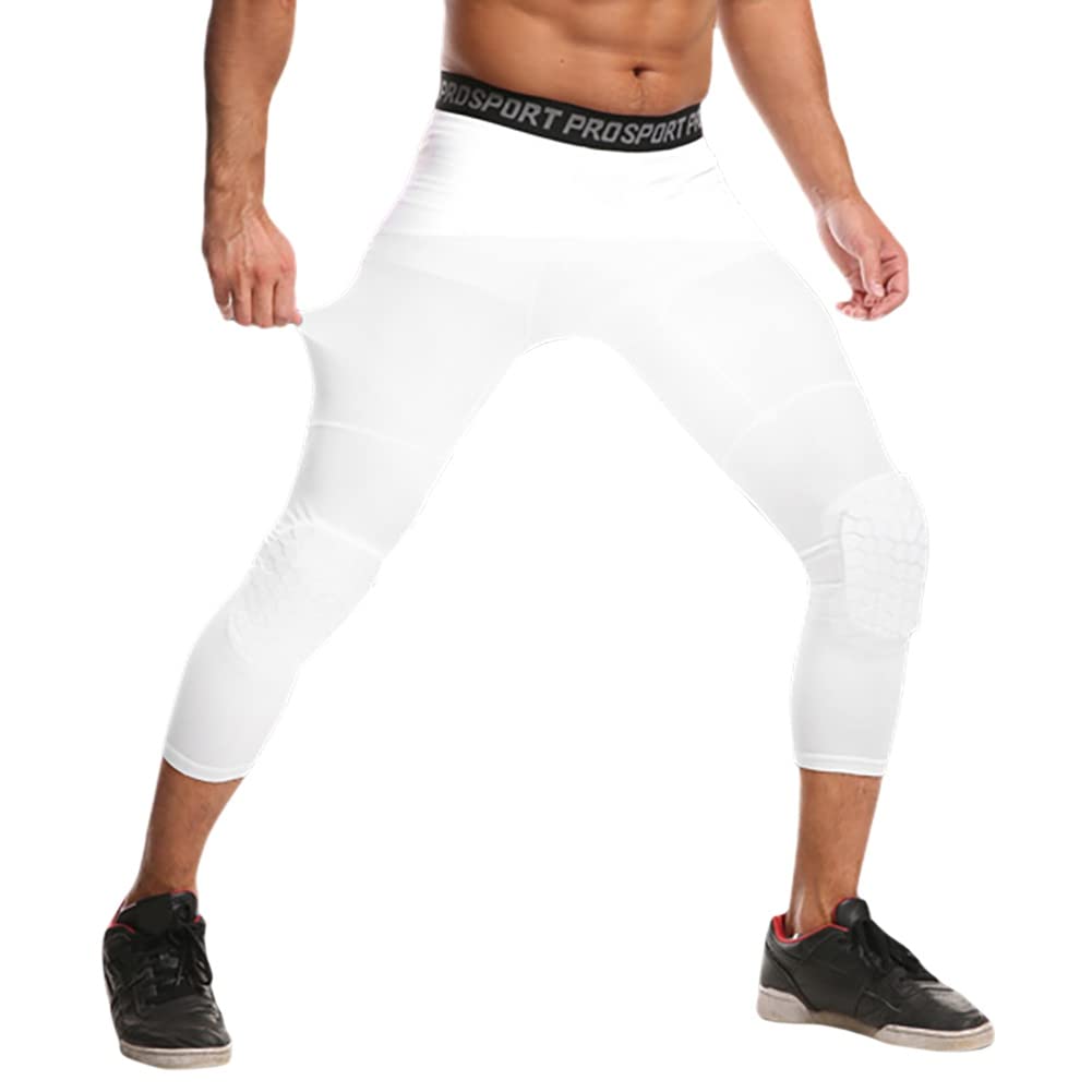 Homeo Men's Basketball Pants with Knee Pads 3/4 Compression Pants Capri Tights Athletic Workout Leggings White