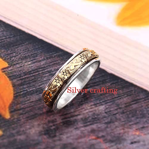 Flower band Spinning Spinner ring Sterling Silver Fashion ring Meditation Fidget Two Tone ring Silver Jewelry (9.5)