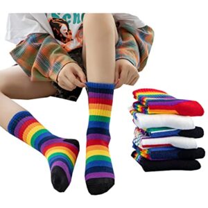 5 Pack Kids Toddler Big Little Girls Cotton Crew Socks Rainbow Stripes Cute Fun Socks