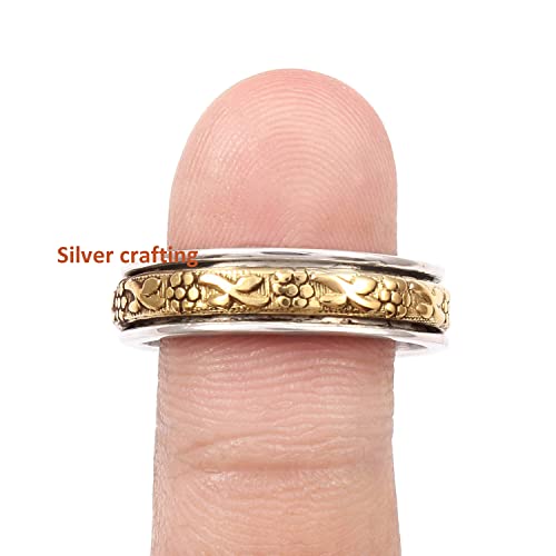 Flower band Spinning Spinner ring Sterling Silver Fashion ring Meditation Fidget Two Tone ring Silver Jewelry (9.5)