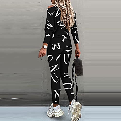 Women's 2 Piece Outfit Casual Off Shoulder Sweatsuit Matching Sweatpants Set Tracksuit Drawstring Jogging Suits Black, X-Large