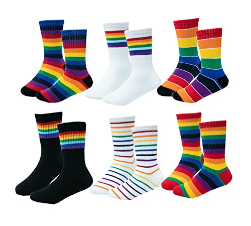 5 Pack Kids Toddler Big Little Girls Cotton Crew Socks Rainbow Stripes Cute Fun Socks