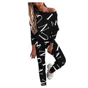 women's 2 piece outfit casual off shoulder sweatsuit matching sweatpants set tracksuit drawstring jogging suits black, x-large