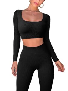 oqq workout outfits for women 2 piece ribbed exercise long sleeve tops high waist leggings active yoga set black