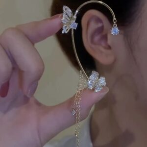 Kenjudess Vintage Crystal Butterfly Flower Ear Cuffs 2pcs Non-Pierced Sparkling Iced Out Rhinestone Butterfly Cartilage Climber Ear Wrap Prom Party Festival Ear Jewelry for Women