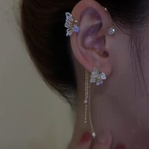 Kenjudess Vintage Crystal Butterfly Flower Ear Cuffs 2pcs Non-Pierced Sparkling Iced Out Rhinestone Butterfly Cartilage Climber Ear Wrap Prom Party Festival Ear Jewelry for Women