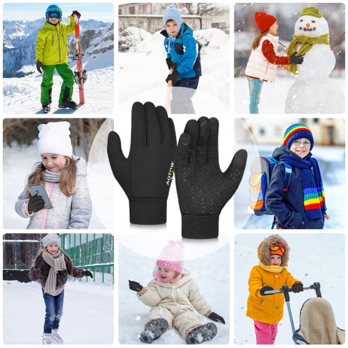 Kids Winter Warm Sports Gloves - Cold Weather Snow Youth Water-Resistant Cycling Glove for Running Riding Football, Touch Screen Thermal Children Mittens Age 10 12 Years Boys Girls Black