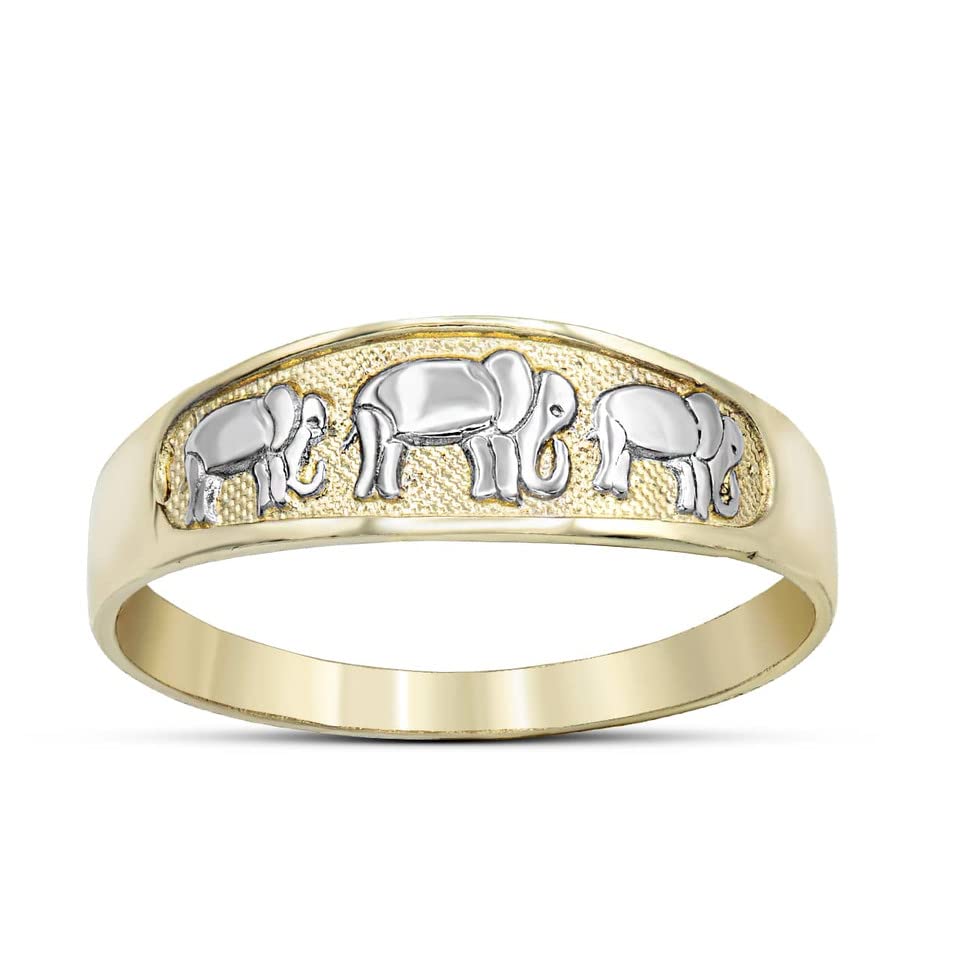 High Polish 10K Two-Tone White and Yellow Gold Three Elephant Band Style Statement Ring (Size 7.5)