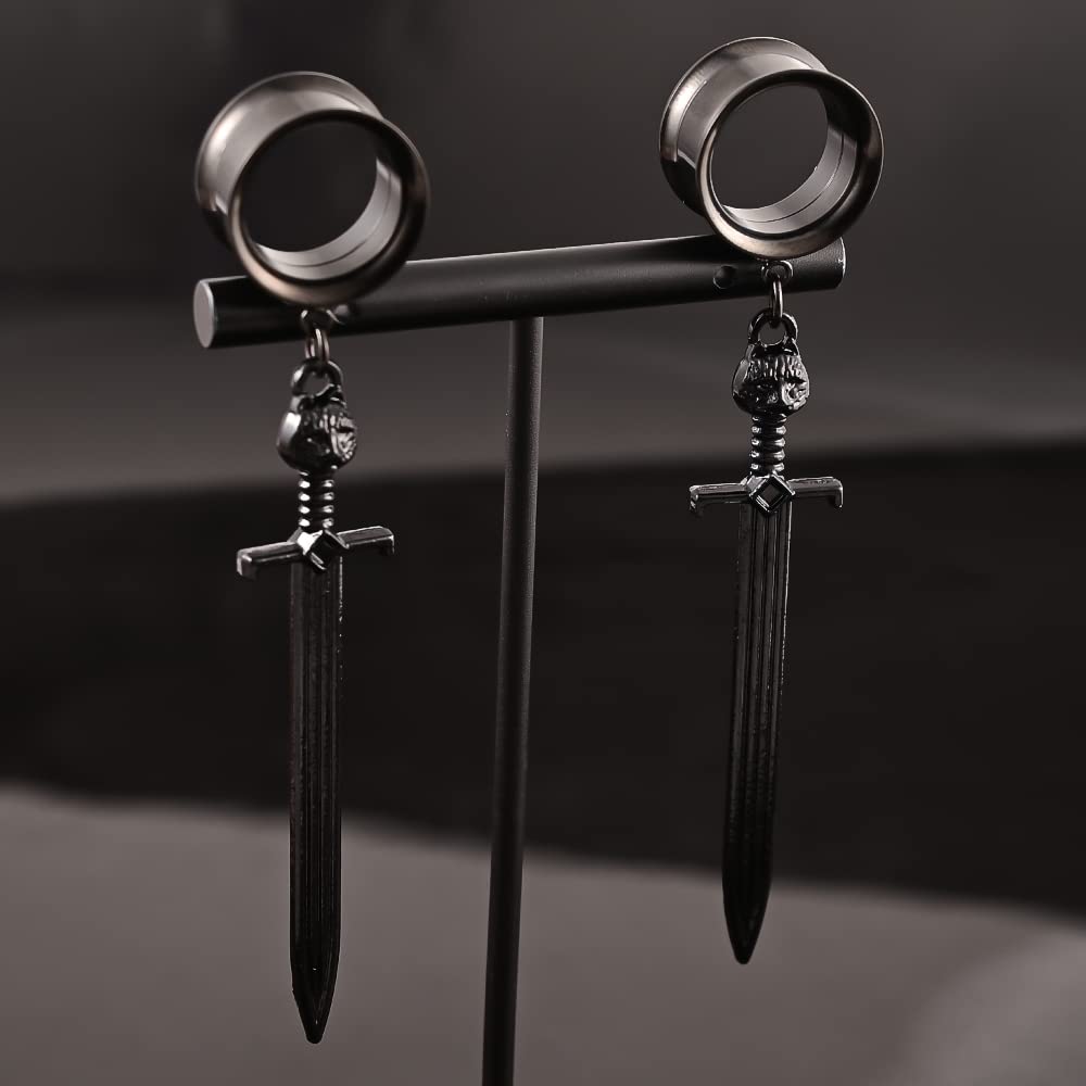 Atomhole 316 Hypoallergenic Stainless Steel Ear Gauges Cool Sword-Pendant Dangle Ear Plugs Tunnels Gauges Ear Stretching A Pair Selling 2g 0g Piercing Body Jewelry (25mm(1"), Black)