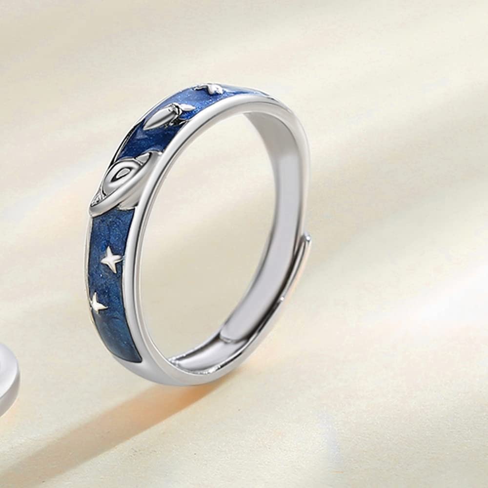 Cartoon Astronaut Matching Couple Rings for Him and Her Cute CZ Star Starry Sky Engagement Rings Anniversary Wedding Rings Set Open Promise Statement Bands Adjustable Dainty Jewelry Gifts with Box