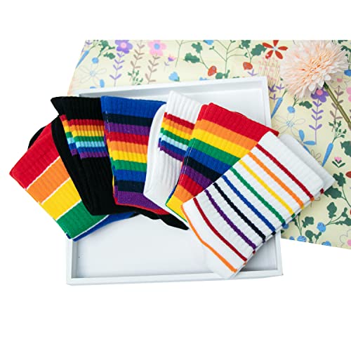 5 Pack Kids Toddler Big Little Girls Cotton Crew Socks Rainbow Stripes Cute Fun Socks