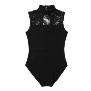 Kvysinly Kids Girls Workout Jumpsuit Sleeveless Turtle Neck Floral Lace Cutout Back Athletic Dance Class Ballet Leotard Black 5-6 Years