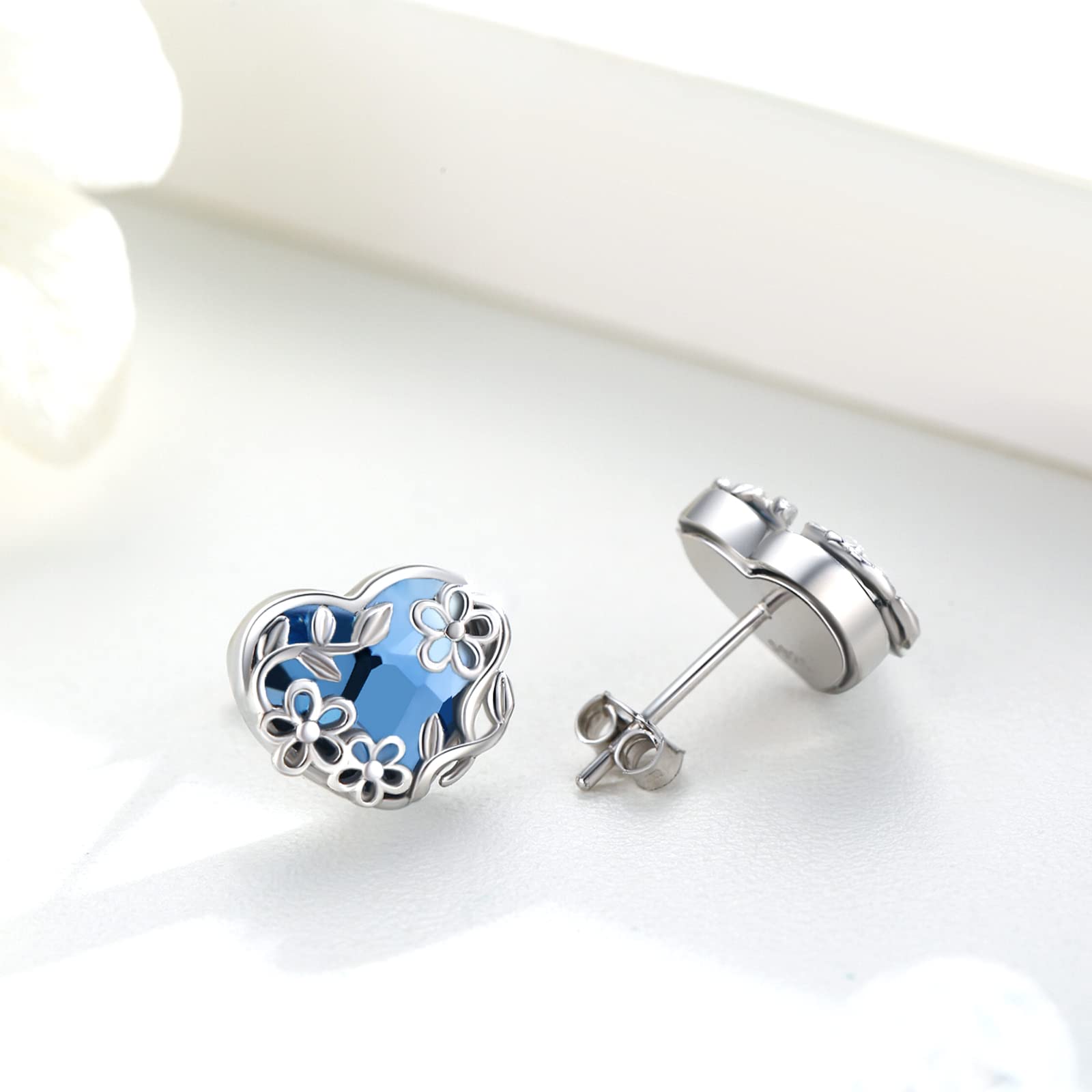 Daisy Earrings Sterling Silver Daisy Flower Leaf Earrings Studs Heart Shaped Blue Crystal Earrings Flower Jewelry for Women Teen