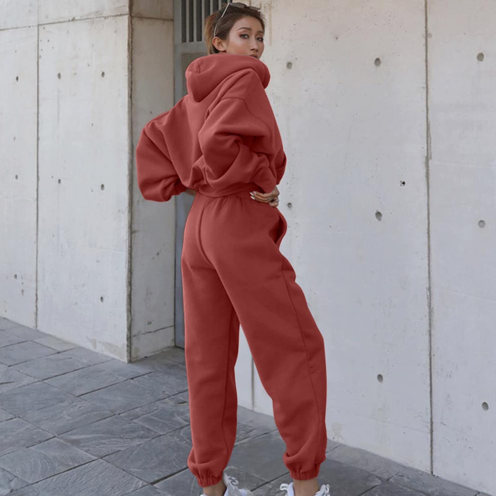 Women's Two Piece Outfits Hoodies Tops and Elastic Waistband Pant Solid Sweatsuit Tracksuit Sets Joggers Tracksuit