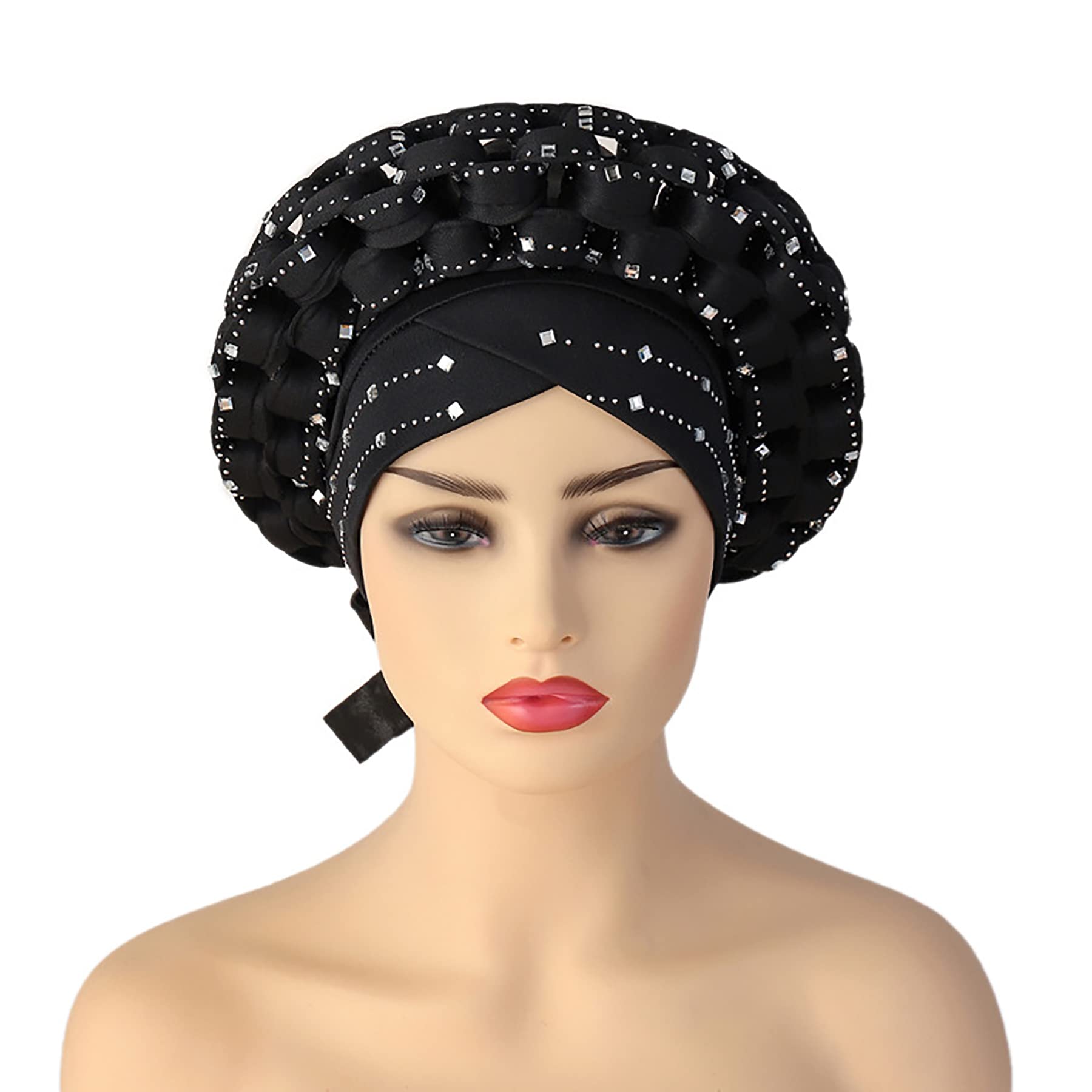 zhxinashu 2ps African Women Hats, Turban Head Wraps for Black Women, Nigerian Elegant Hats Turban(Black+Blue)