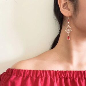 MOMOCAT 18K Gold Plated Flowers Red Ruby Dangle Hook Earrings for Women Western Chandelier Teardrop Christmas Fringe Statement Tassel Earrings for Women Dangling Vintage Jewelry