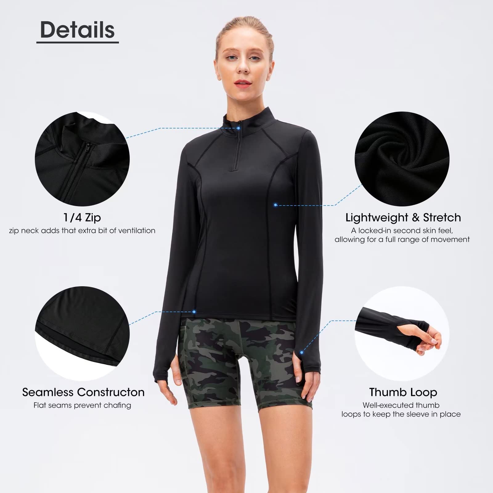 Long Sleeve Workout Shirts for Women Quick Dry Running Shirts Women Thumb Holes Hiking Ski Base Layer Women Compression Half Zip Pullover Women Athletic Tops High Wicking Lightweight 12521 Black 2XL