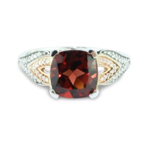 Belantina Heartland By Beverley Mitchell 10K Rose Gold with .925 Sterling Silver Cushion Cut Garnet & Diamond Accented Two Tone Flared Band Statement Ring