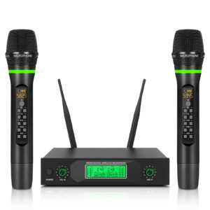 xtuga wireless microphone system 50 frequencies rechargable dual mental cordless dynamic microphone set, 290ft, echo,treble,bass for dj/church/karaoke/wedding/party home ktv set