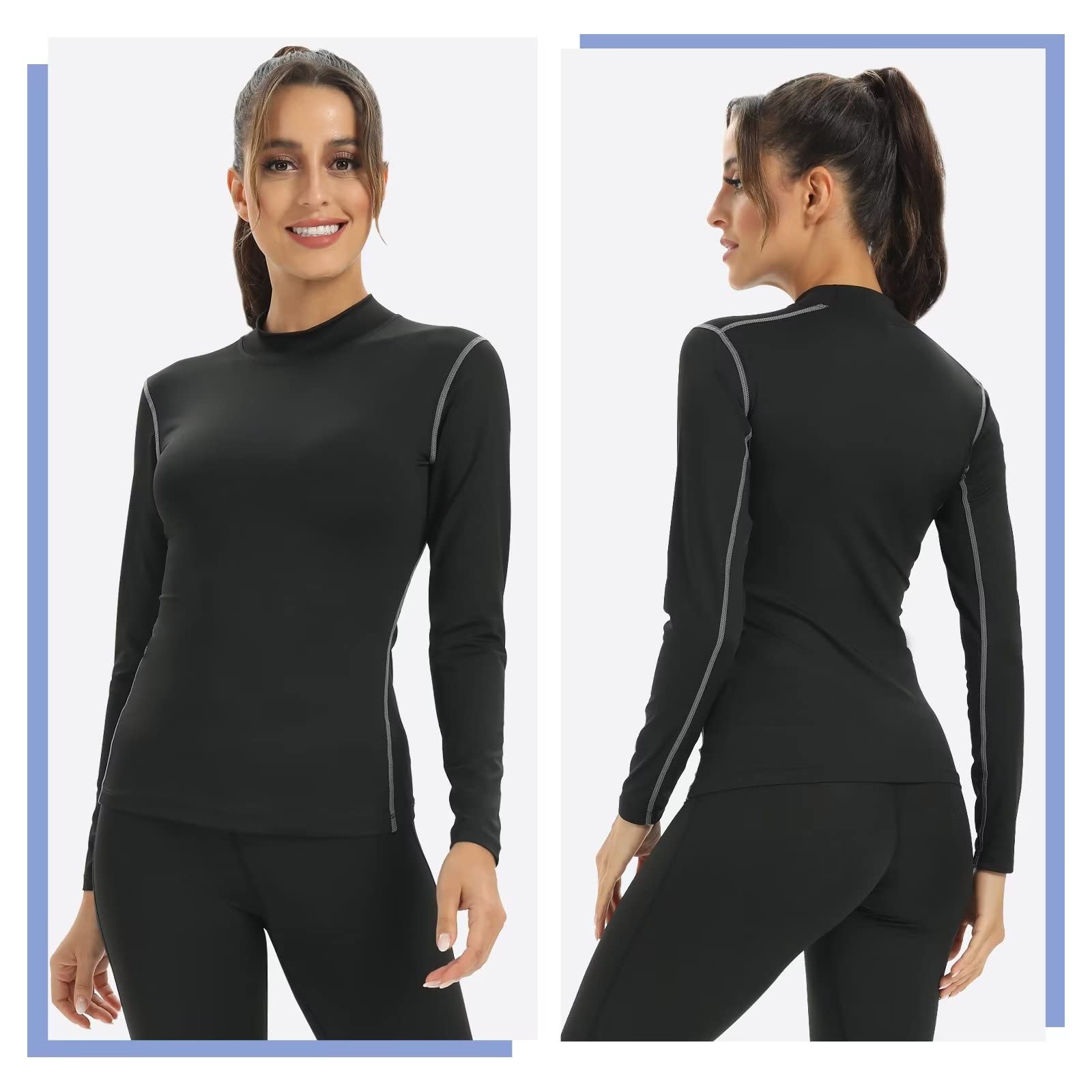 Tesuwel Long Sleeve Workout Shirts for Women Base Layer Top for Hiking Cycling Turtleneck Gym Running Athletic Shirts Women Under Scrubs Quick Dry Compression Shirts Women Underlayer 2119 Black S