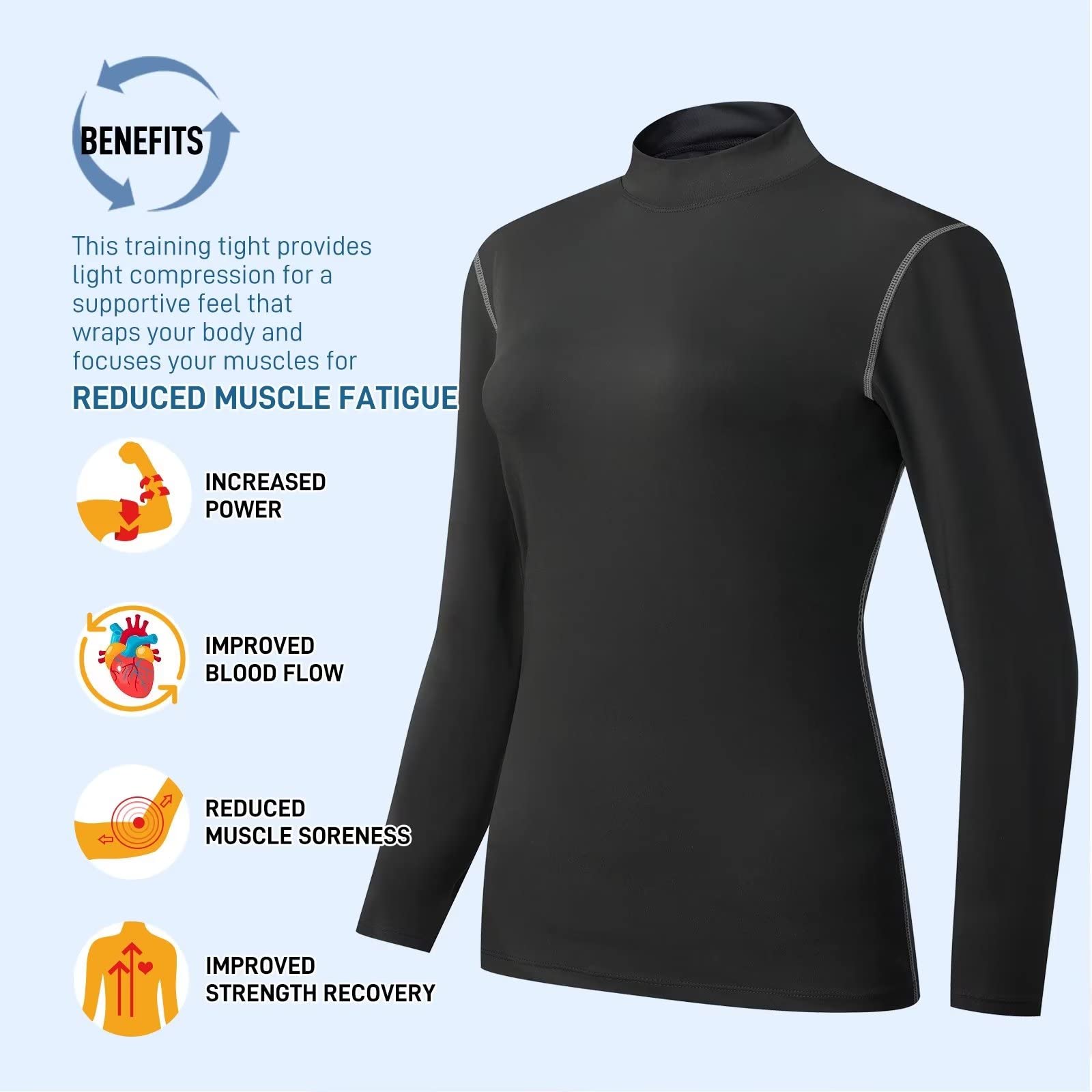 Tesuwel Long Sleeve Workout Shirts for Women Base Layer Top for Hiking Cycling Turtleneck Gym Running Athletic Shirts Women Under Scrubs Quick Dry Compression Shirts Women Underlayer 2119 Black S