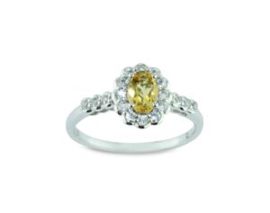 heartland by beverley mitchell .925 sterling silver 6x4mm oval cut yellow citrine & lab-created white sapphire scalloped flower statement ring - size 8